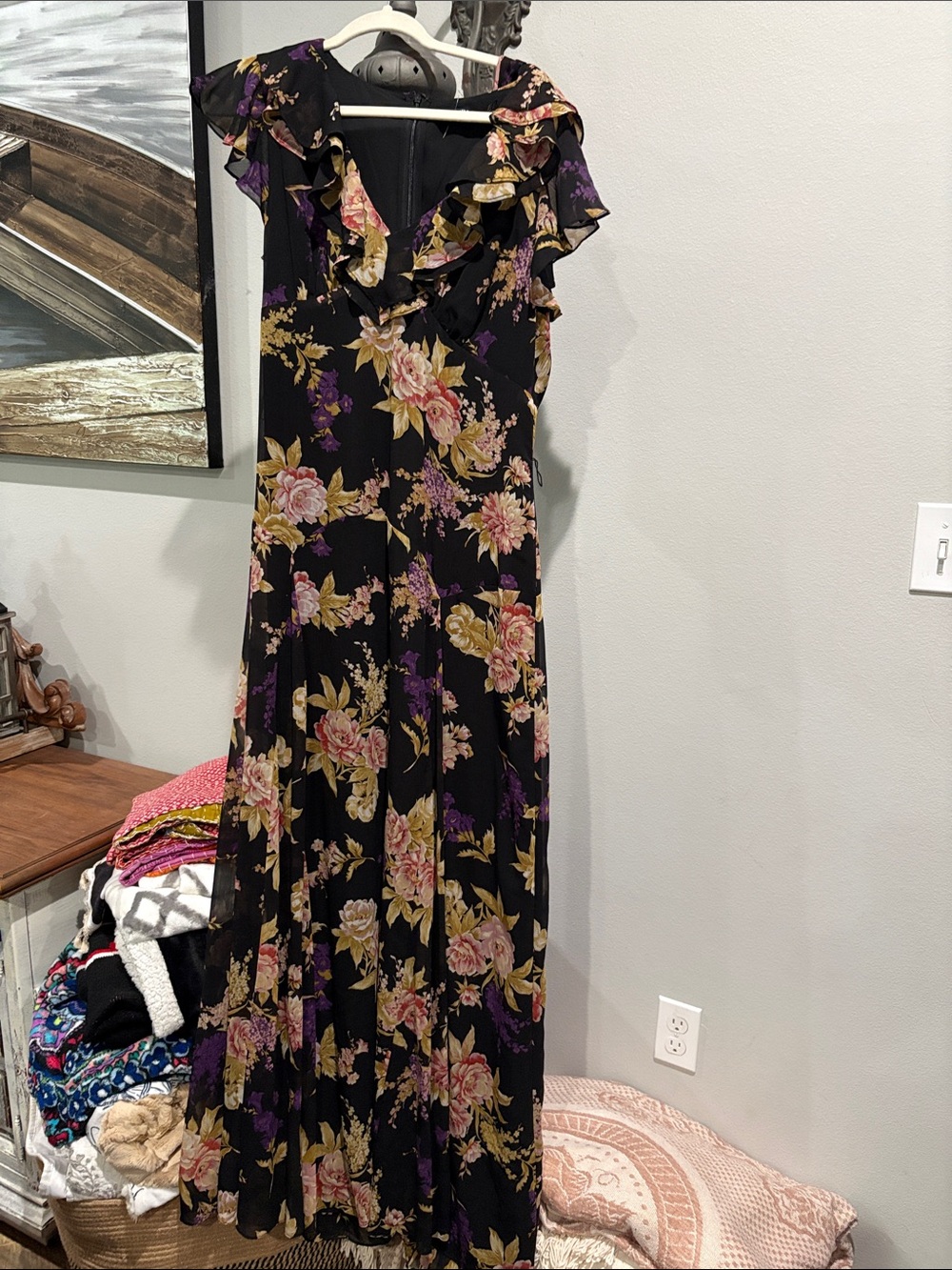 Lauren Ralph Lauren Black Maxi Dress with Pink & Gold Floral Print